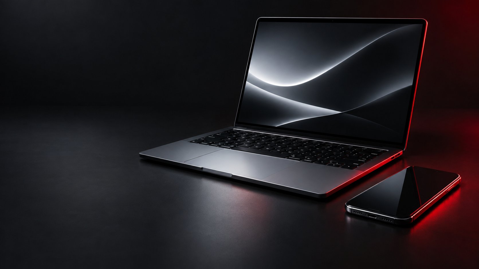 Laptop and smartphone photographed with red edge lighting